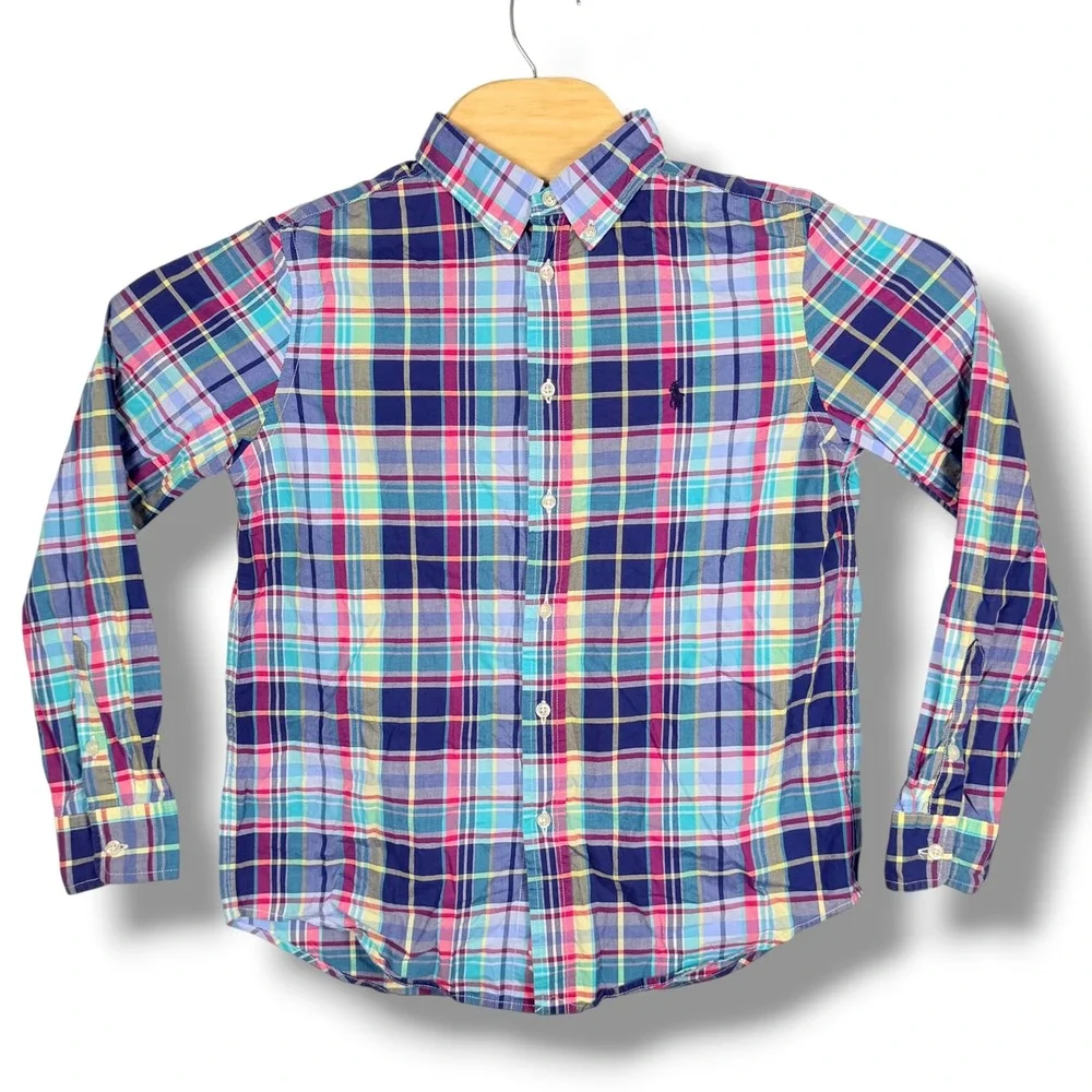 Ralph Lauren Button Down Boys L 14-16 Multi-Color Madras Plaid Stretch Prep Pony